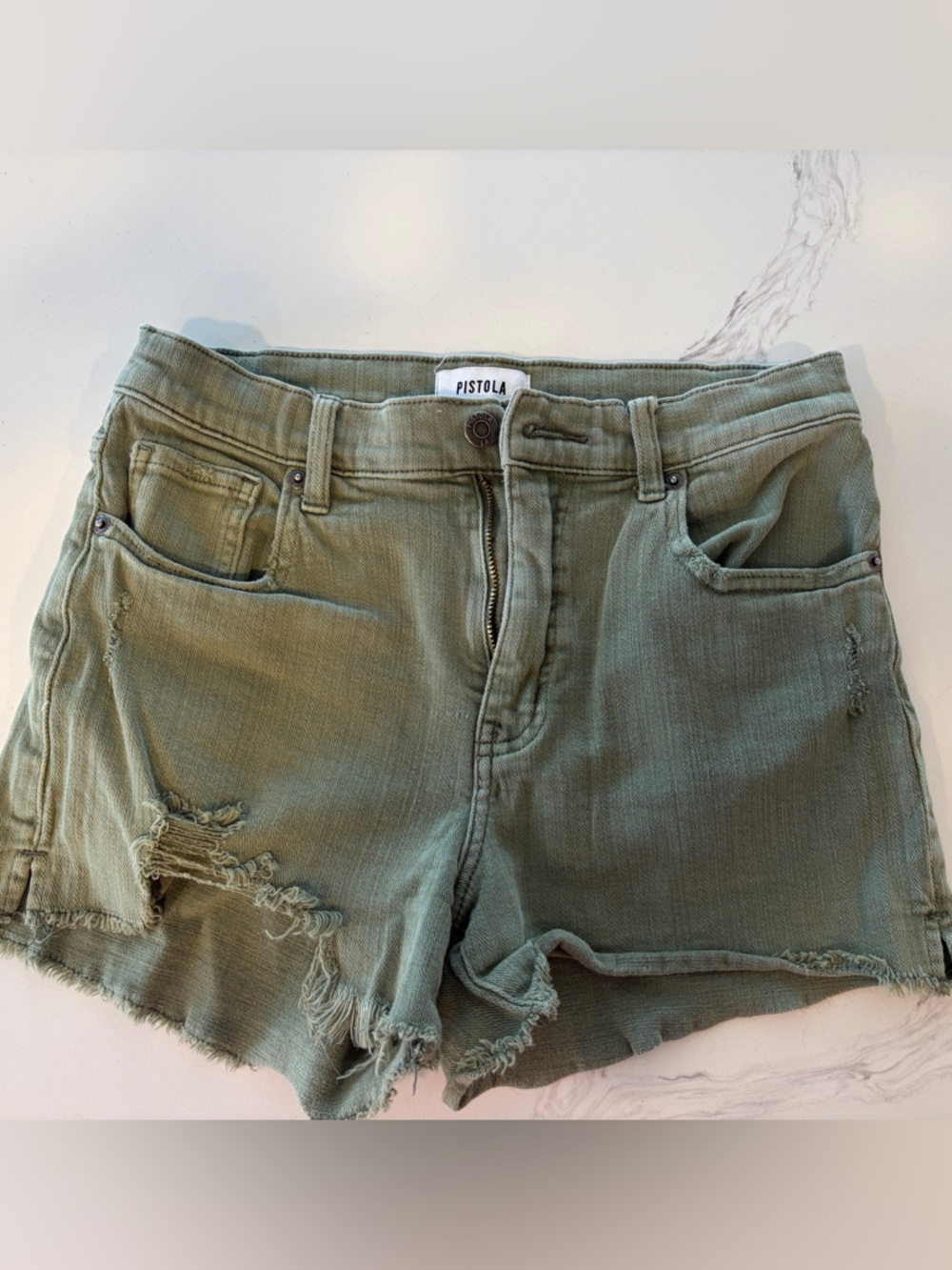 pistola sage green distressed denim shorts